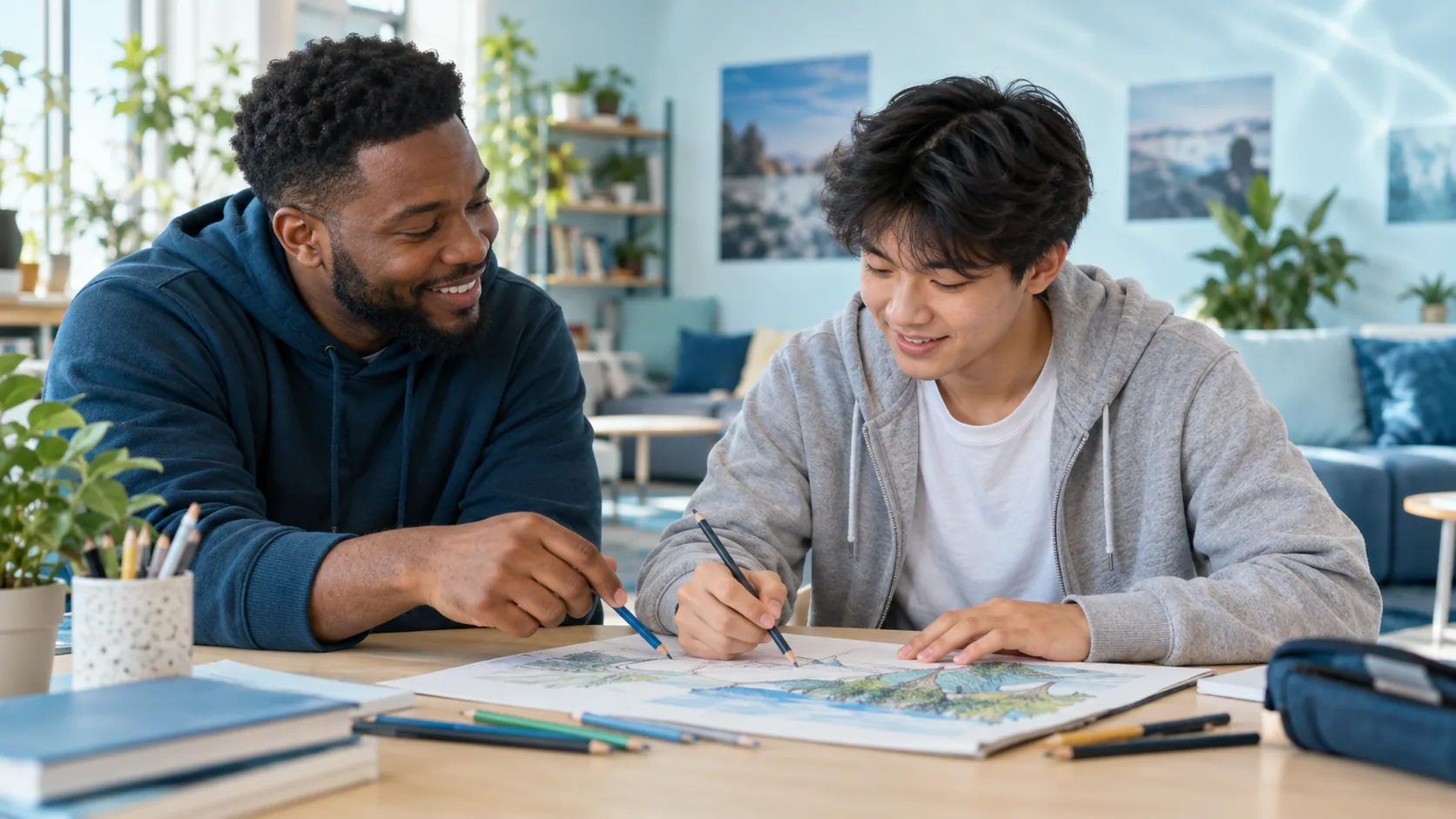 Illustrative youth and mentor drawing together in a community space